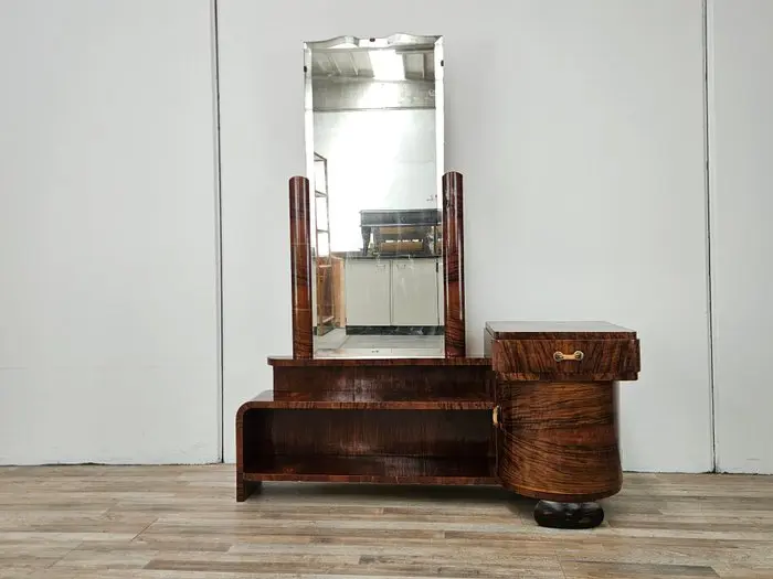 Cabinet - Art Deco walnut entryway vanity with mirror - Burr walnut