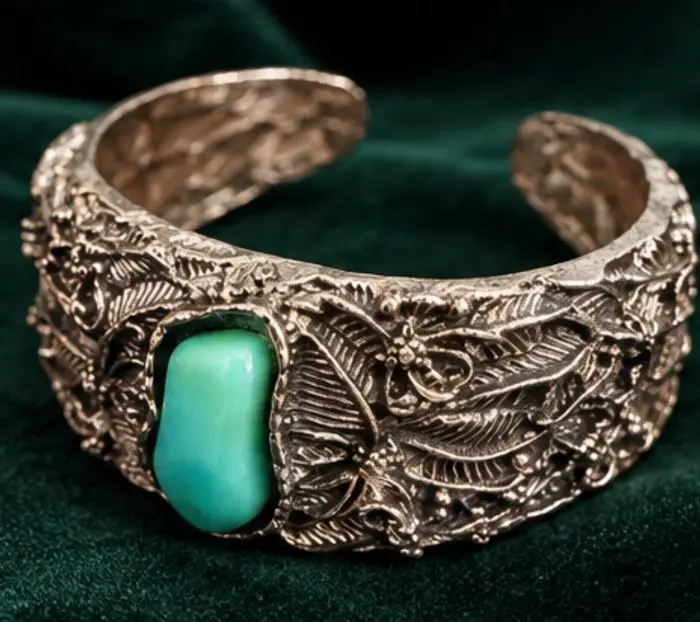 Ornate Silverplated Cuff Bracelet with Turquoise Stone - Bracelet
