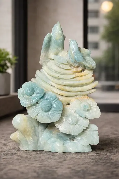 Amazonite Love Birds and Flowers Carving - Handmade...