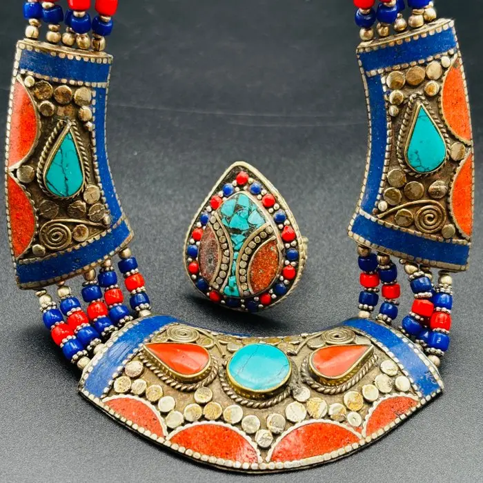 Vintage Berber Tribal Statement Collar with Matching Ring – Lapis Lazuli