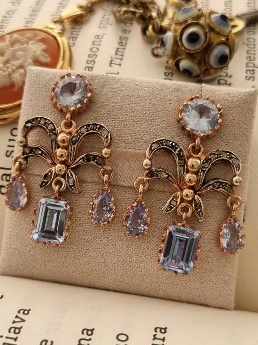 No reserve price - Earrings - 9 kt. Silver, Rose gold Aquamarine - Diamond