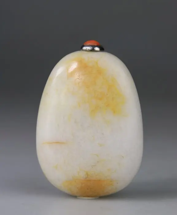 Carved Chinese Snuff Bottle — Silver stopper and red...