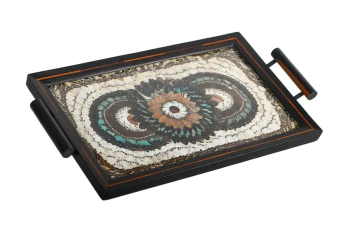 Uitzonderlijk Art-Deco dienblad met échte vlindervleugels & houten inlegwerk
