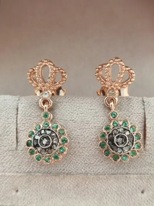 No reserve price - Earrings - 9 kt. Silver, Rose gold Emerald - Diamond
