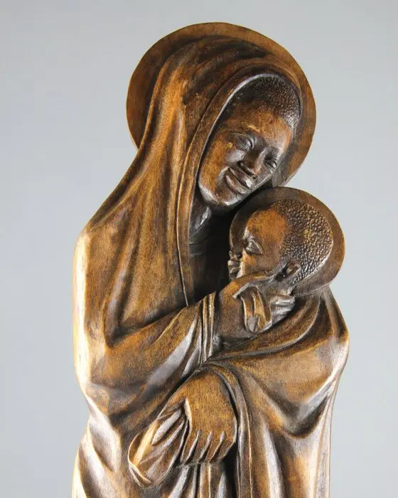 Sinankwa Léonce - Sculpture, African Madonna and Child - 60 cm - Wood