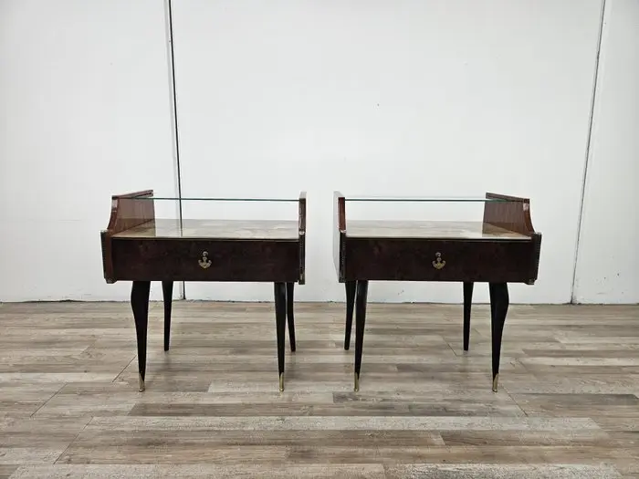Nightstand (2) - Mahogany, Glass, Brass