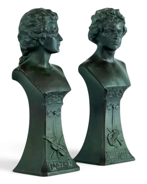 Sculpture, Mozart & Beethoven - Antique Busts - 18 cm - Spelter