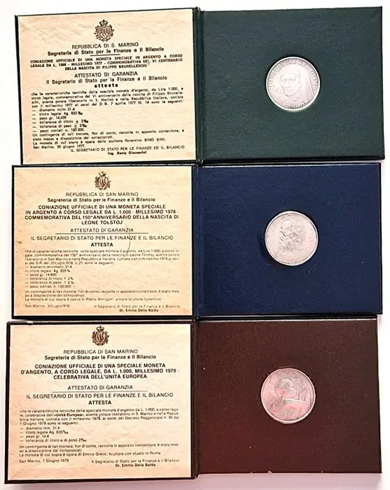 San Marino. 1000 Lire argento (3 monete) (No reserve price)