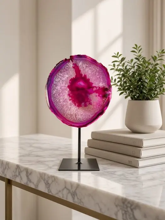 Agate - pink rock crystal geode on stand Geode - Height...