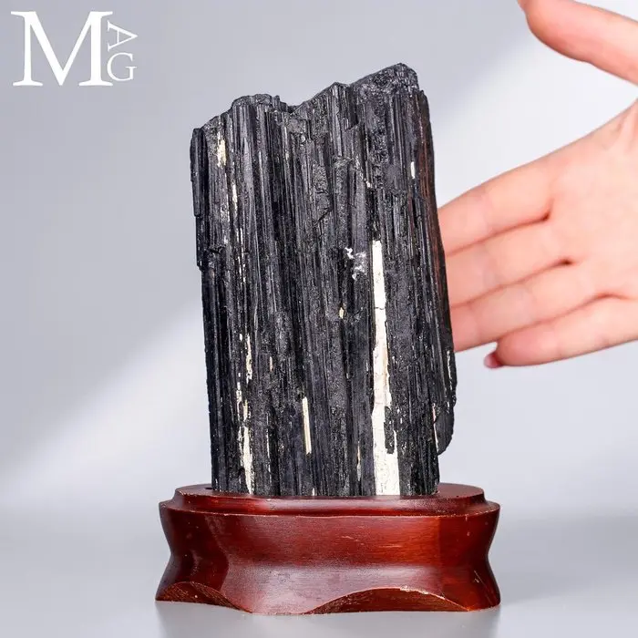 Natural Black Tourmaline Wooden Base Black Schorl...