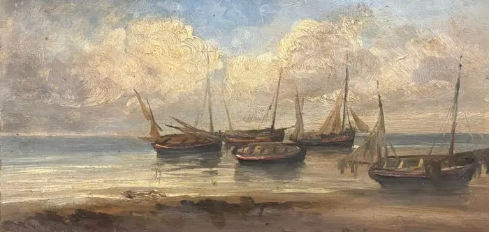 French school (XIX) - Marine. Barques sur la grève, huile sur panneau