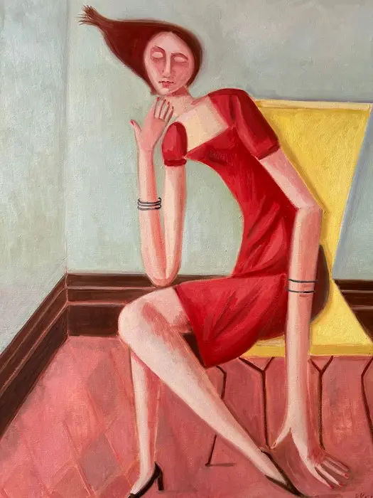 Rosalind Keith - Red dress, yellow chair
