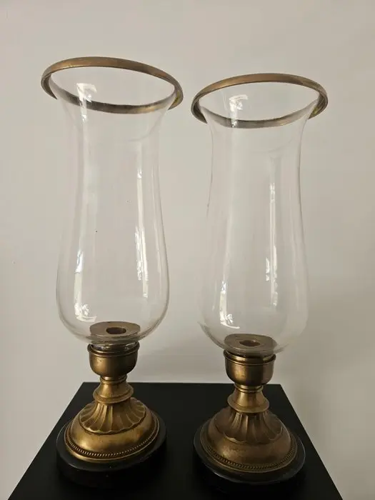 Pierre Deux - Candlestick (2) - Brass, Glass, Marble - Large Hurricane Lamps.