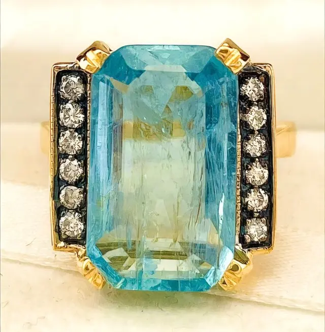 No reserve price - Ring - 9 kt. Yellow gold, Silver Aquamarine - Diamond