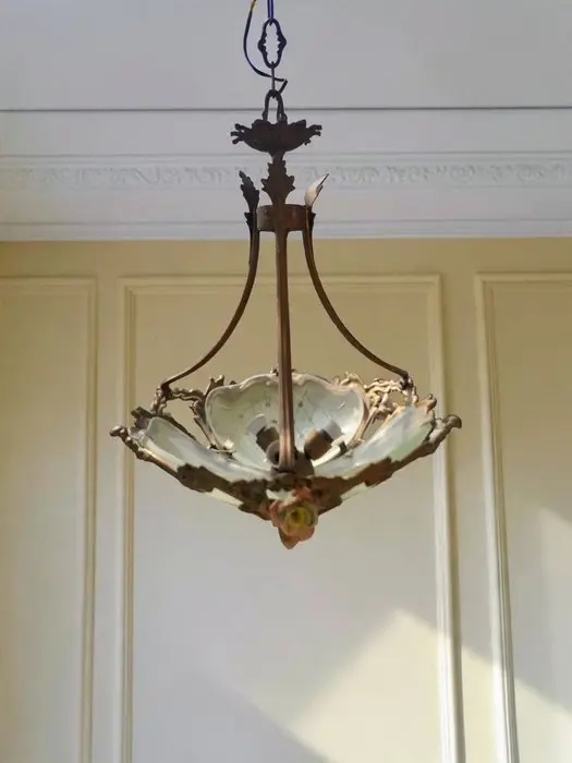 Hanging lamp - bronze-colored metal / decorated frosted...