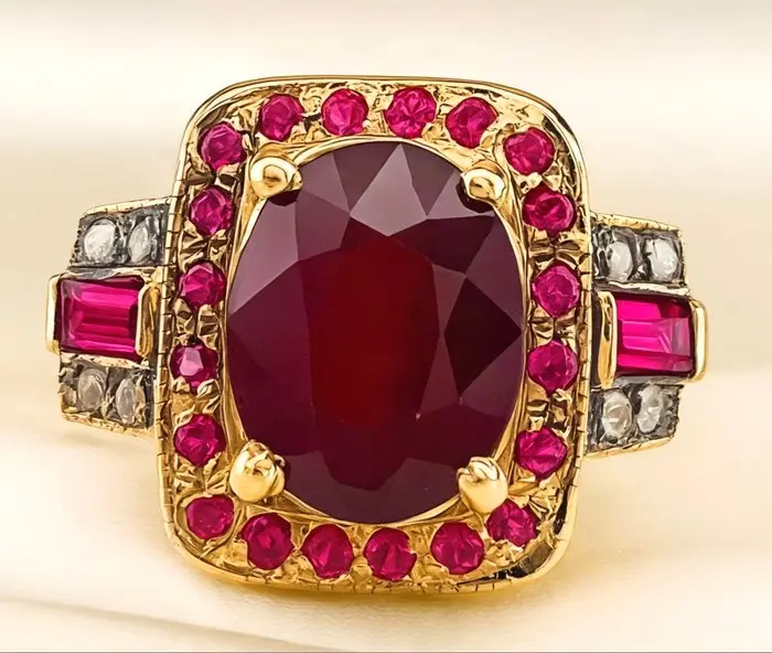 No reserve price - Ring - 9 kt. Yellow gold, Silver Ruby - Diamond