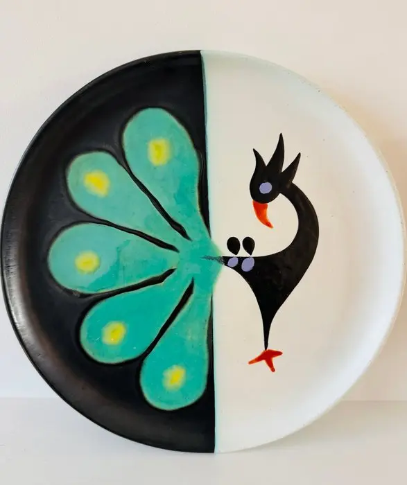 Vallauris - Atelier Cerenne - Serving dish - Ceramic - Decor "Peacock" - 30 cm
