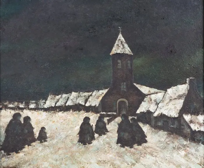 Julien Mettenanxt (1922–1988) - Sfeervol winterlandschap met kerkgangers