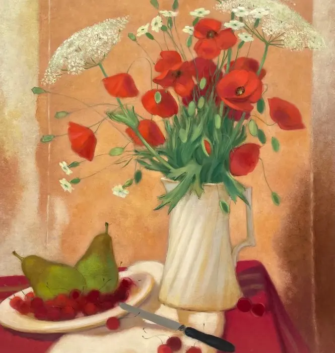Yves Ganne (1931-2019) - Bouquet de Coquelicots et fruits