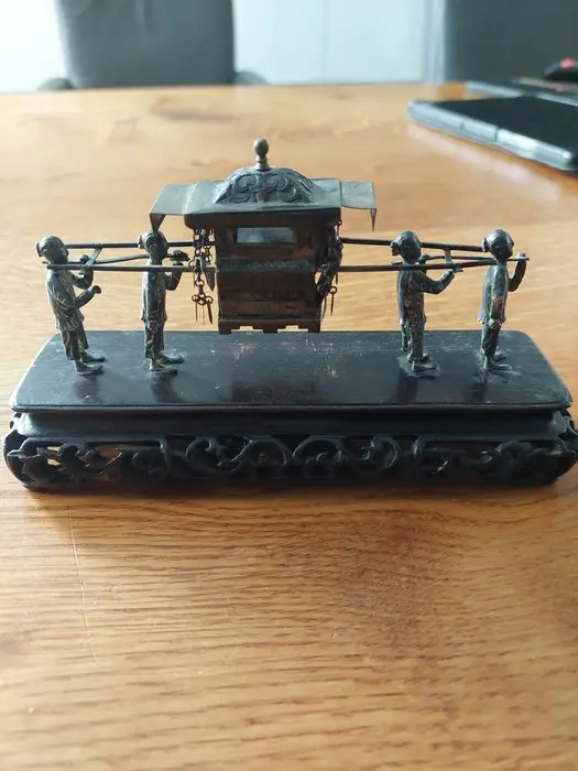Antique Chinese silver miniature model of a sedan chair with 4 bearers