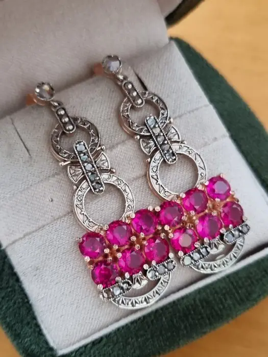 No reserve price - Earrings - 9 kt. Silver, Rose gold Ruby - Diamond
