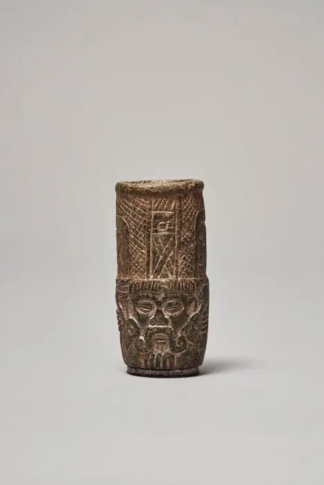 Pre-Columbian - Maya Stone Face Cylinder Vessel With Spanish Export License