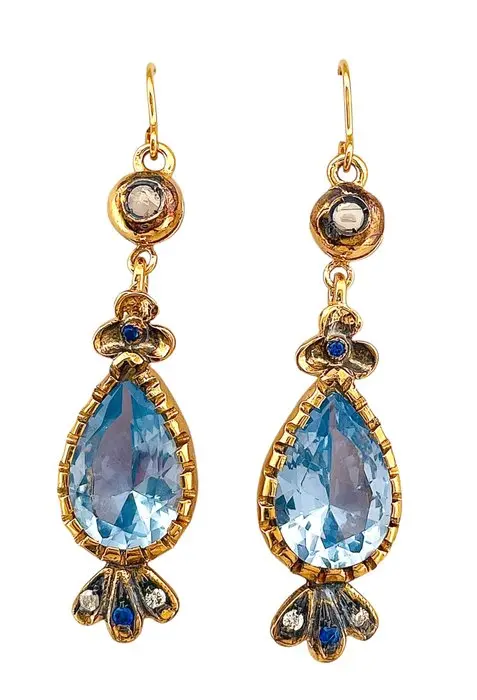 No reserve price - Earrings - 9 kt. Yellow gold, Silver Aquamarine - Sapphire