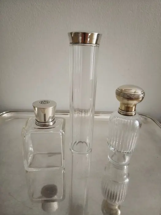Cosmetic flask (3) - 2 flasks and 1 toiletry case with a solid silver mount