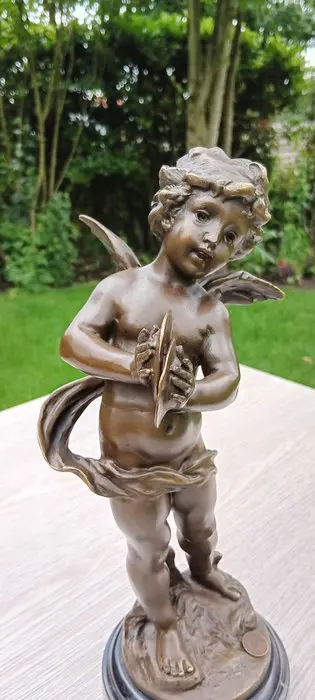 Brons Cherubijn met muziek instrument- gesigneerd-genummerd - Sculpture