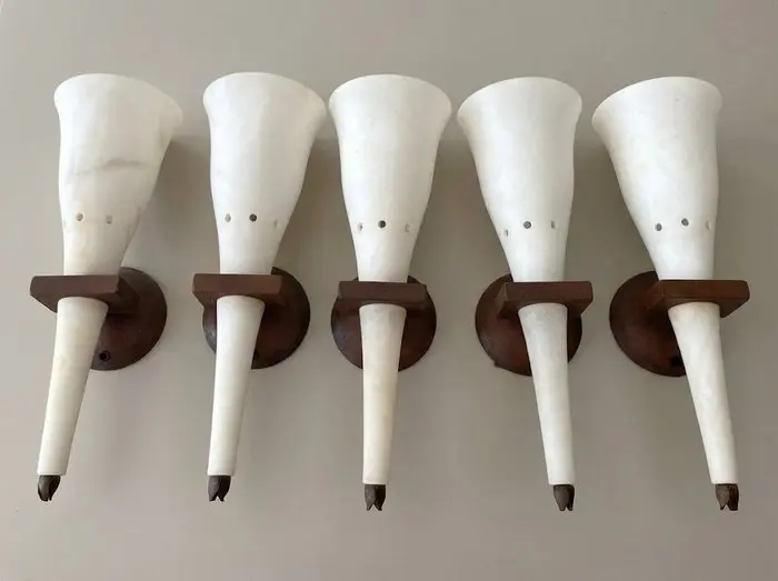Wall lamp (5) - Set of wall lamps - Metal, Wood, Alabaster