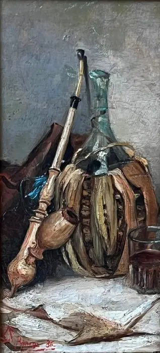 Spanish school (XIX) - Still Life with Chianti Flask, Pipe, and Wine Glass