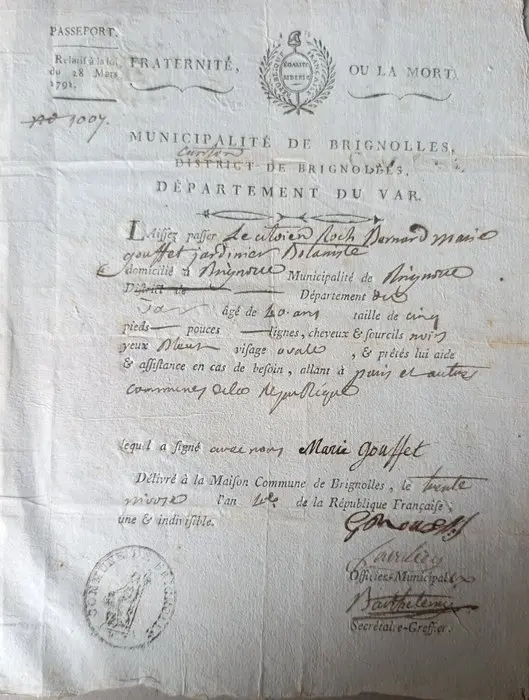 firme - Rare Passeport Révolutionnaire (1796) – An IV –...