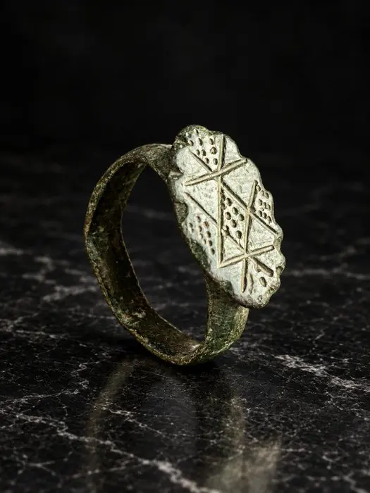 Medieval Bronze Finger Ring with Engraved Star 10th to...