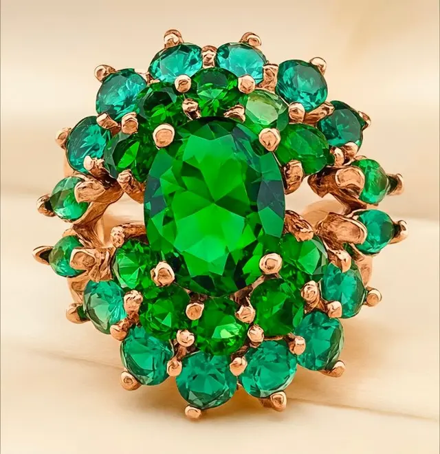 No reserve price - Ring - 9 kt. Rose gold, Silver Emerald - Emerald