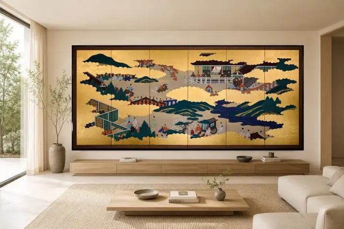 A six-panel folding screen on a gold leaf ground...