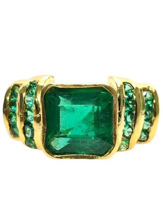 No reserve price - Ring - 9 kt. Silver, Yellow gold Emerald - Emerald