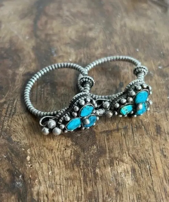 Vintage Tibetan earrings - Silver, Turquoise - Tibet - 20th century