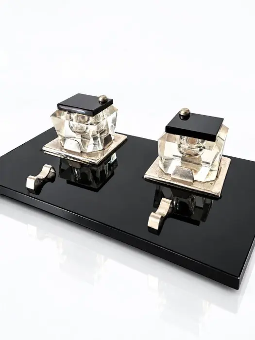 Italian Art Deco Double Inkwell Desk Set – Faceted Glass...