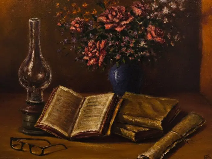Escuela Impresionista Europea (XX) - Bodegón de Pergaminos y Flores