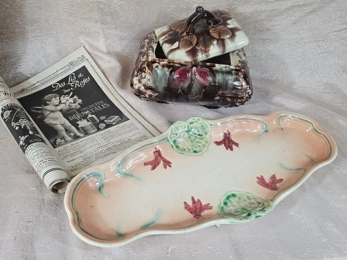 Art Nouveau Barbotine / Majolica Set – Floral Tray...