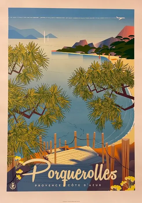 Monsieur Z - Affiche de Tourisme "Porquerolles - La Plage de Notre-Dame