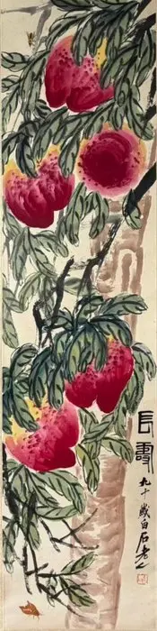 INK AND COLOR ON PAPER PAINTING"Peach”《长寿》 - Attributed to - China