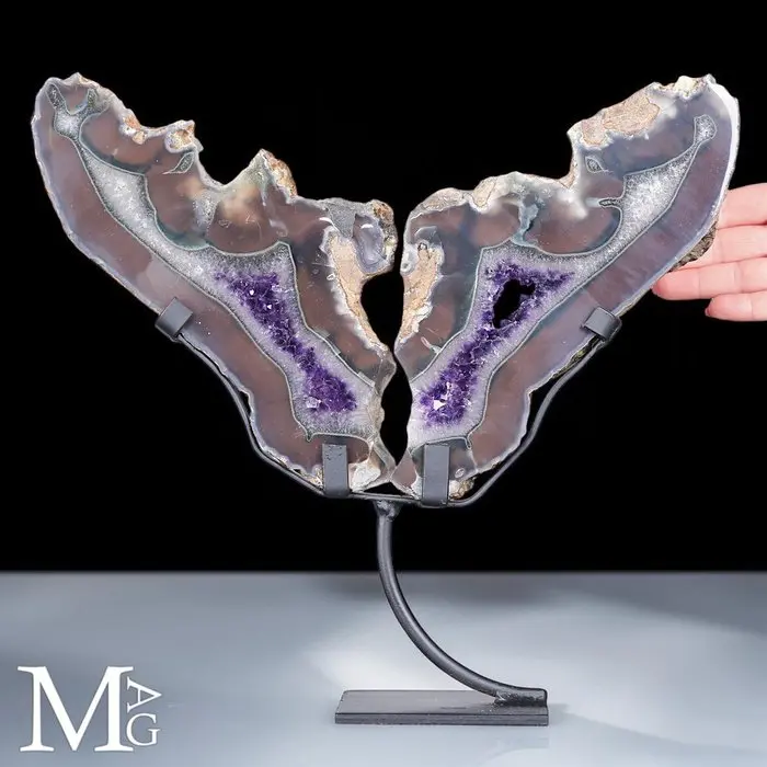 Stunning butterfly-shaped slices of amethyst geode on a...