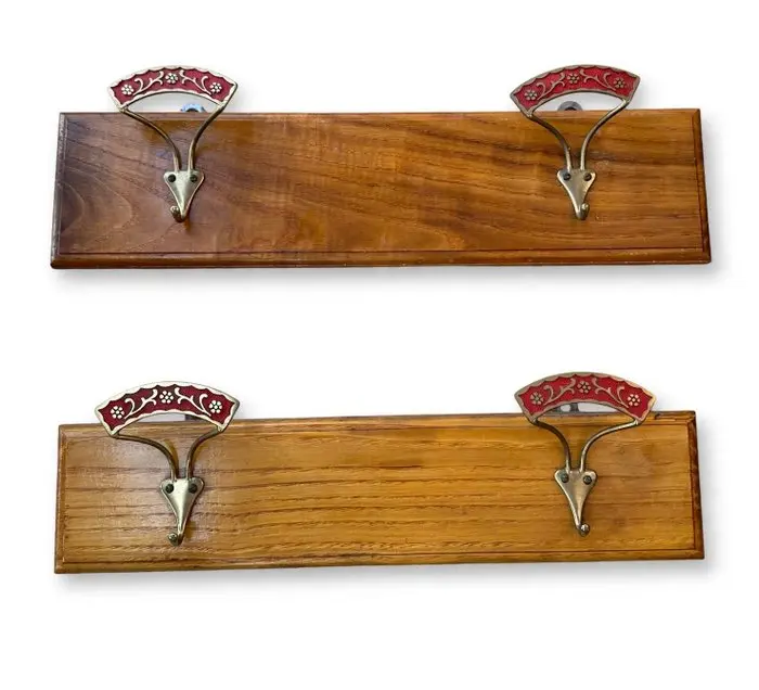 Coat rack - Solid brass, relief enamel, solid wood - Two wall-mounted