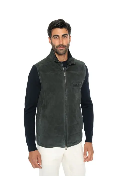 ISAIA NAPOLI - 50 IT - Dark Green Vest Jacket 100% Lambskin Leather - Gilet - Nuovo con etichette
