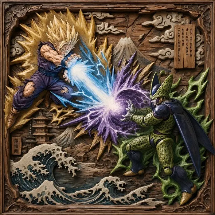 daveY - GOHAN SSJ2 vs CELL x WOODEN CARVING