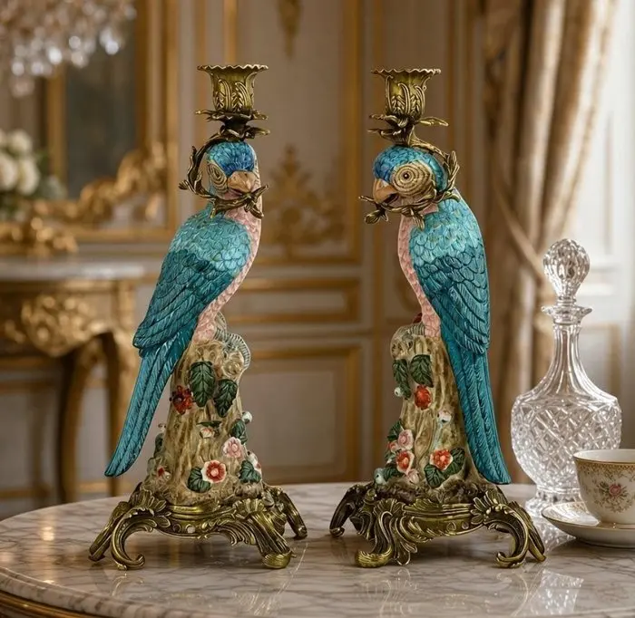 Candleholder (2) - Porcelain, Bronze - Pair of Parrots