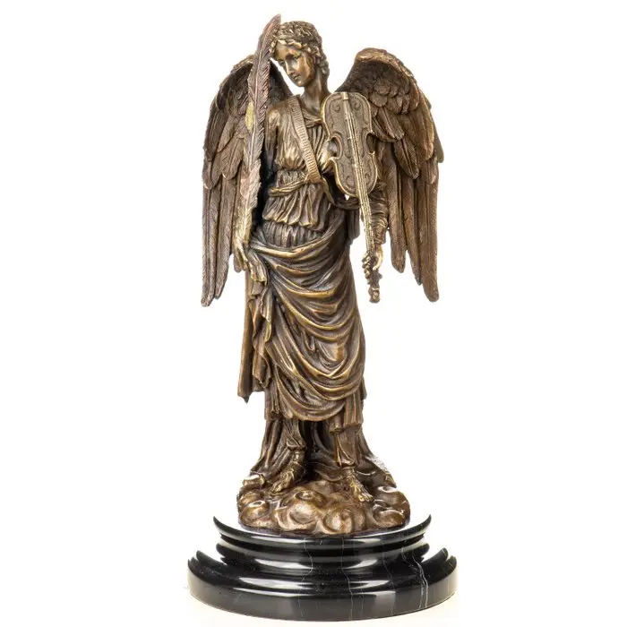 Figure - Bronzefigur Engel mit Violine und Feder - 32 cm - Bronze, Marble