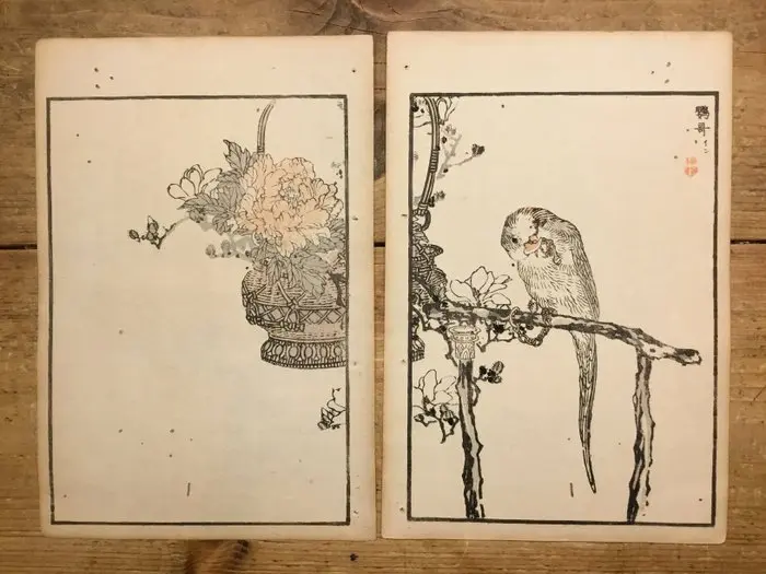 Antieke Japanse tweeluik houtblok prent van een parkiet (鸚哥