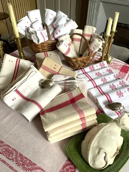 6 Early XXth Century linen tea towels -5 with G.V